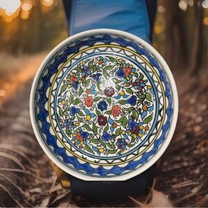 Artisan Floral Ceramic Bowl with Blue Accents